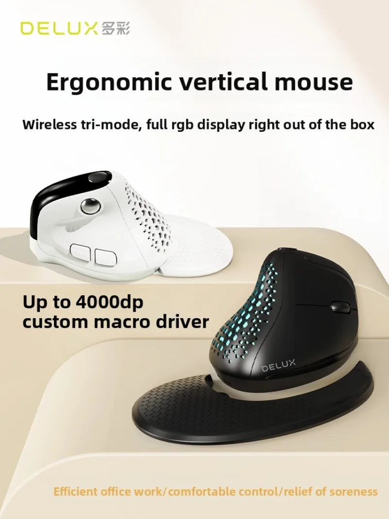 DELUX M618XSD Ergonomic Vertical Mouse Tri-mode Bluetooth 2.4G Wireless Mouse OLED Display Thumb Scroll Wheel for Office Mac