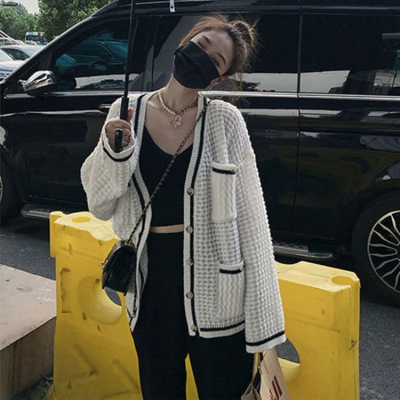 Nova moda outono e inverno feminino elegante manga longa cardigan camisola casual único breasted com decote em v malhas topo