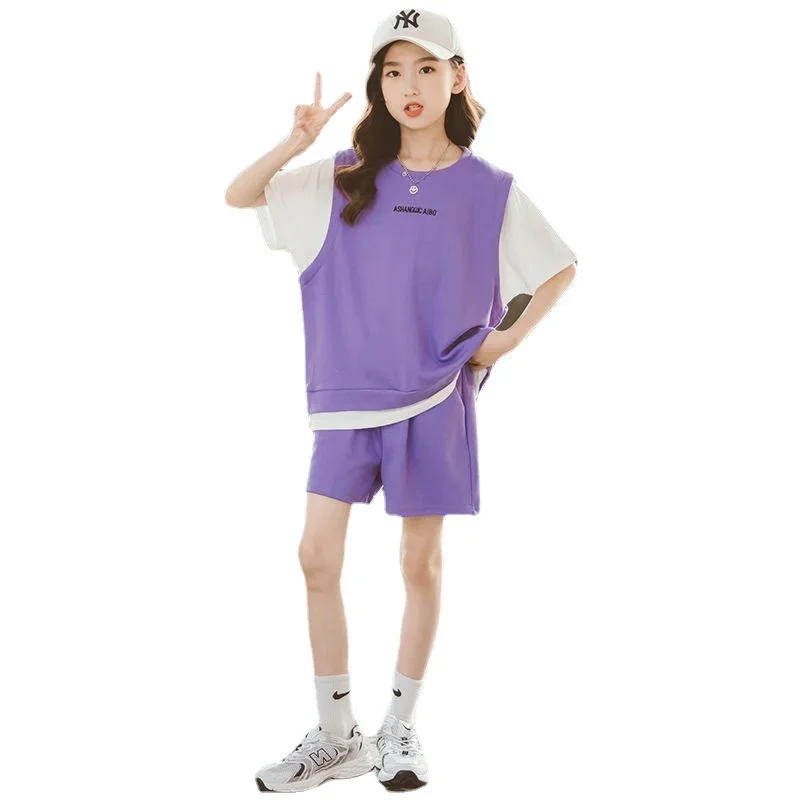 Children's Clothing Set Summer Girl Short Sleeved + Shorts Suit Leisure Tracksuit for Kids Girls Clothes 5 6 8 9 10 12 Years Old image 6