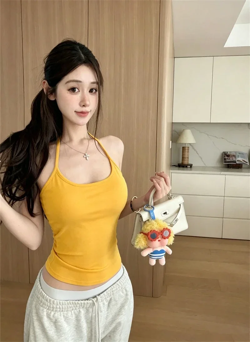 Koreanischer Stil Mehrfarbiges Crop-Top mit Bindeband und integriertem BH-Pad – Sexy, eng anliegendes Tanktop für Damen – Detail 34