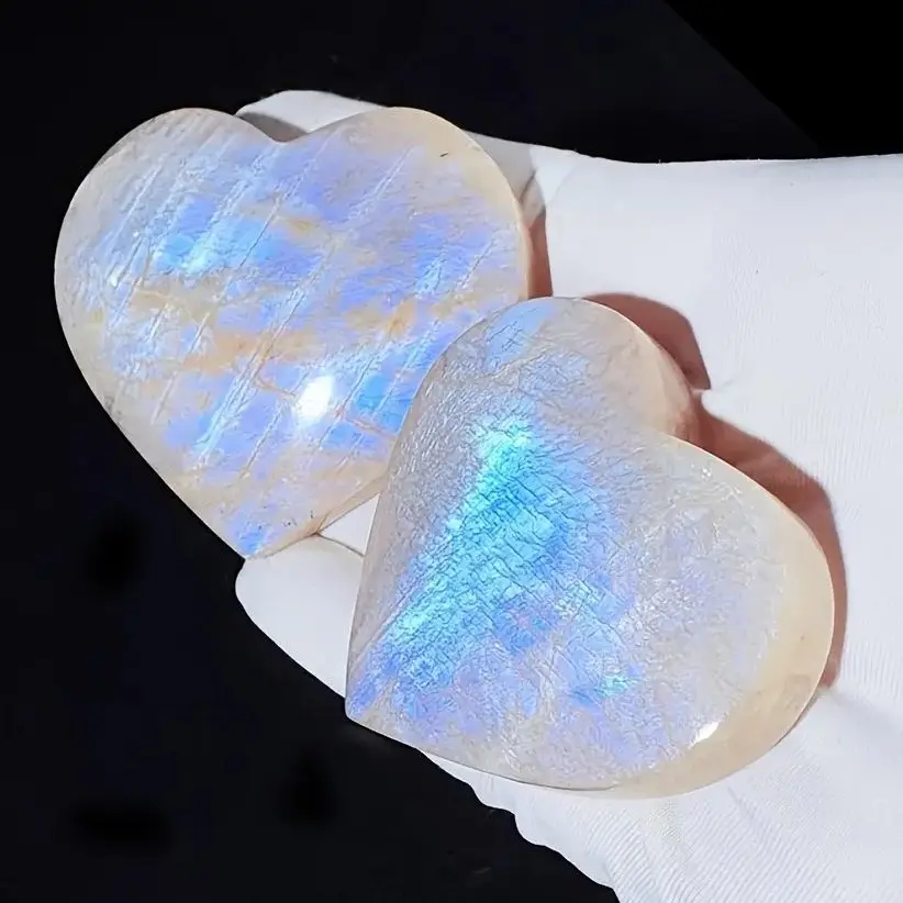 Blue Flash Moonstone Heart Crystal Healing Protection Meditation Gift Spiritual Energy Love Fertility Palm Stone Pocket Gemstone