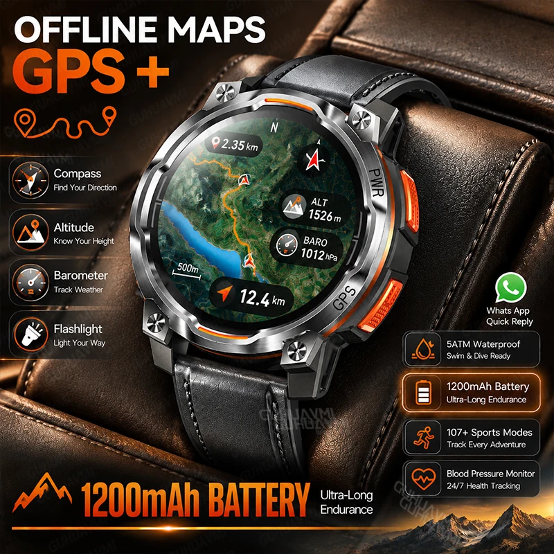 New 1200mAh large battery GPS Sports Smart Watches 2026 for IOS Military Smart Watch Men 5ATM Waterproof Bluetooth Call Bracelet