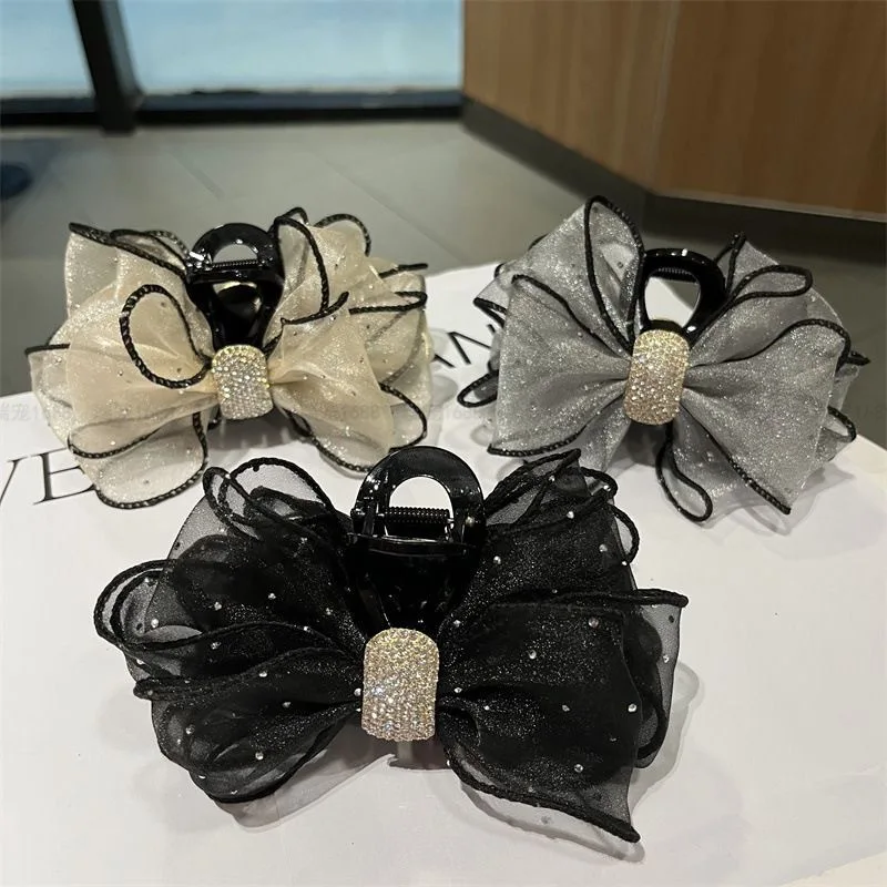 

1 piece of new bow hair clip, mesh hair grab with diamond decoration, luxurious back of the head hair clip for women.