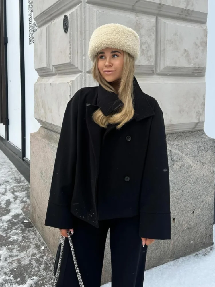 

Шикарное короткое шерстяное пальто с воротником-стойкой, женское свободное однобортное однотонное пальто с карманами и длинными рукавами, осень 2024, женские повседневные пальто