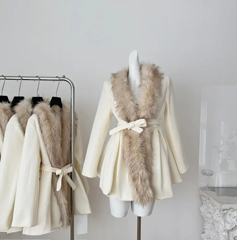 

Осеннее однотонное пальто женское, приталенное, с V-образным вырезом, меховым воротником, длинными рукавами, элегантное, шикарное, французский стиль, женская одежда