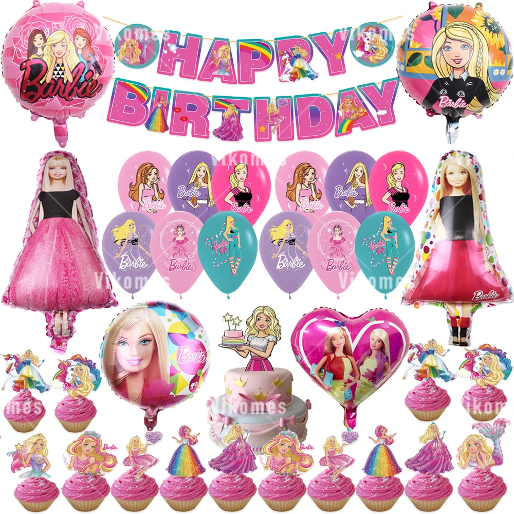 Barbiee Puppe Einweg geschirr Party Dekoration rosa Mädchen alles Gute zum Geburtstag Banner Cupcake Topper Hintergrund Prinzessin Luftballons