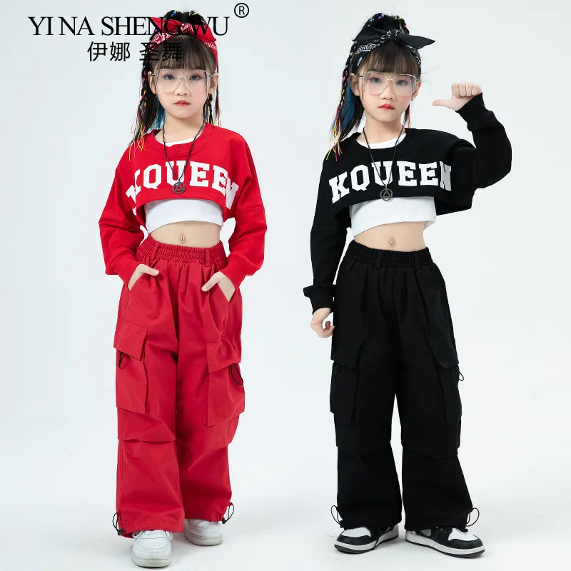 

Костюмы для танцев в стиле хип-хоп для девочек, комплект из двух предметов, укороченная куртка и брюки-карго с джазовой футболкой, уличная одежда для детей