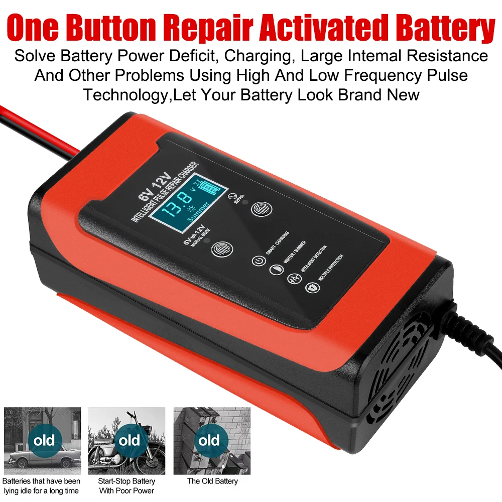 6V 12V 6A Car Battery Charger Auto Motorcycle Smart Fast Charge Pulse Repair LCD Display Cycle GEL Lead-Acid Charger