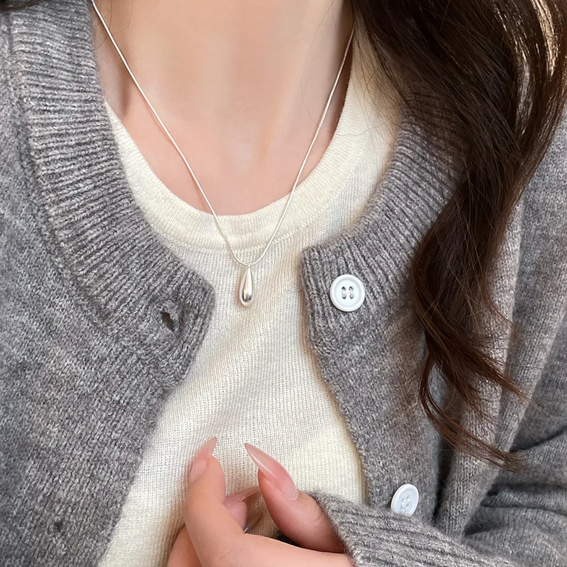 New 925 Sterling Silver Teardrop Shape Necklace Charm Simple Women's Pendant Choker Birthday Gift Exquisite Jewelry
