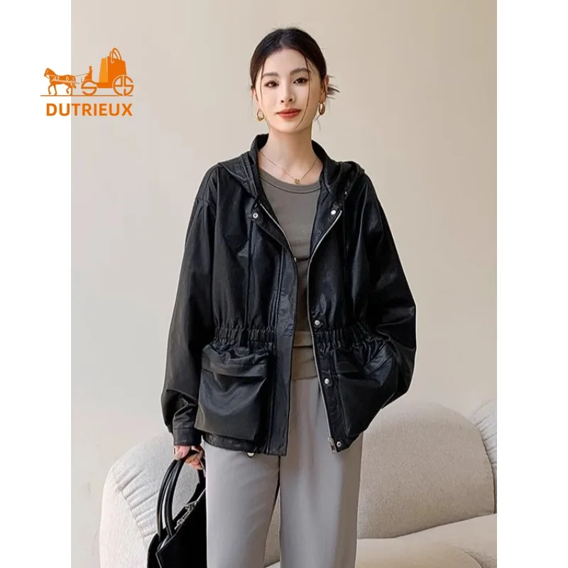 Nueva chaqueta de cuero genuino con capucha de otoño e invierno para mujer, 100% piel de oveja auténtica, abrigo corto suelto elegante de moda para mujer