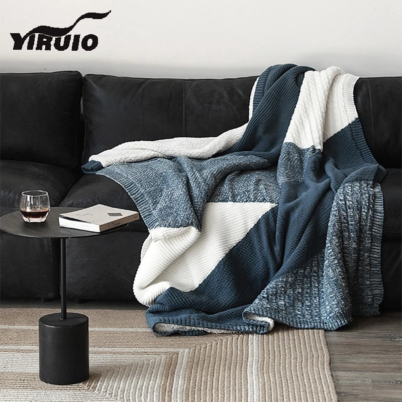 

YIRUIO Winter Warm Texture Plaid Sherpa Blanket Knitted Pattern Design Fluffy Soft Double Bed Quilt Bedspread Blankets 200*230cm