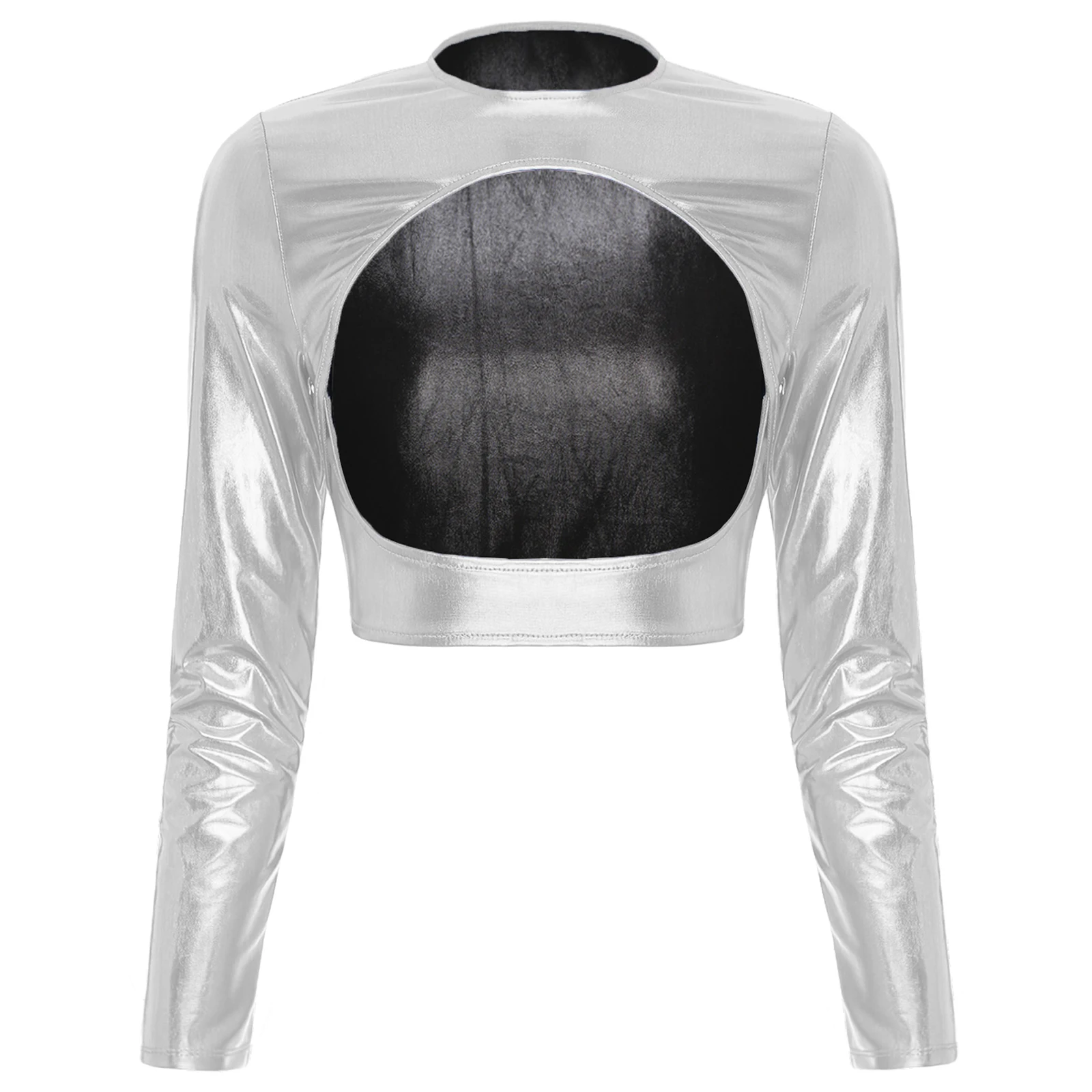 Womens Metallic Shiny Cut Out Crop Top Long Sleeve Open Front Tee Tops for Disco Bar Rave Party Costume Femme Sexy Clubwear