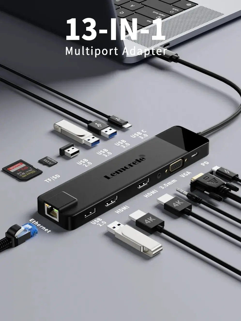 Lemorele TC100 13-portowy Hub USB 3.0 High Speed Hub USB Type C HDMI 4K RJ45 1000mbps SD TF do laptopa MacBook VGA do telewizora i monitora — zdjęcie produktu 7