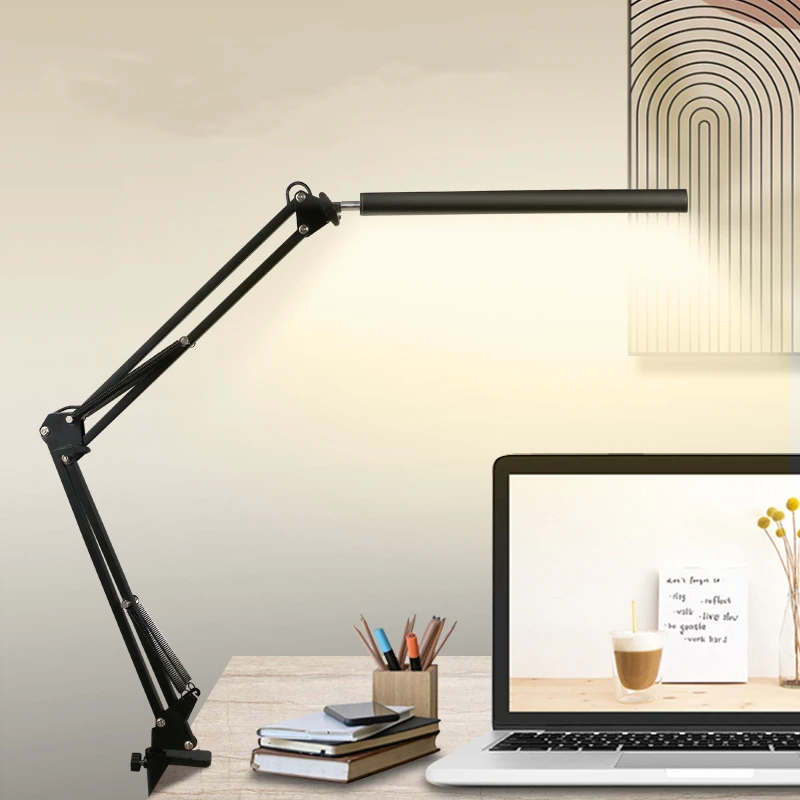 

LED Folding Metal Desk Lamp Clip on Light Clamp Long Arm Diming Table Lamp 3 Colors Adjustable For Living Room Reading Computers