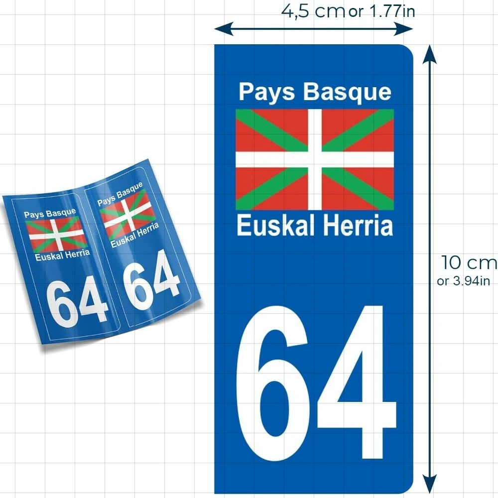 2Pcs Set Number 64 Plate Stickers, Waterproof Vinyl Decals with Euskara Herria Basque Flag for Car License Plate Decor