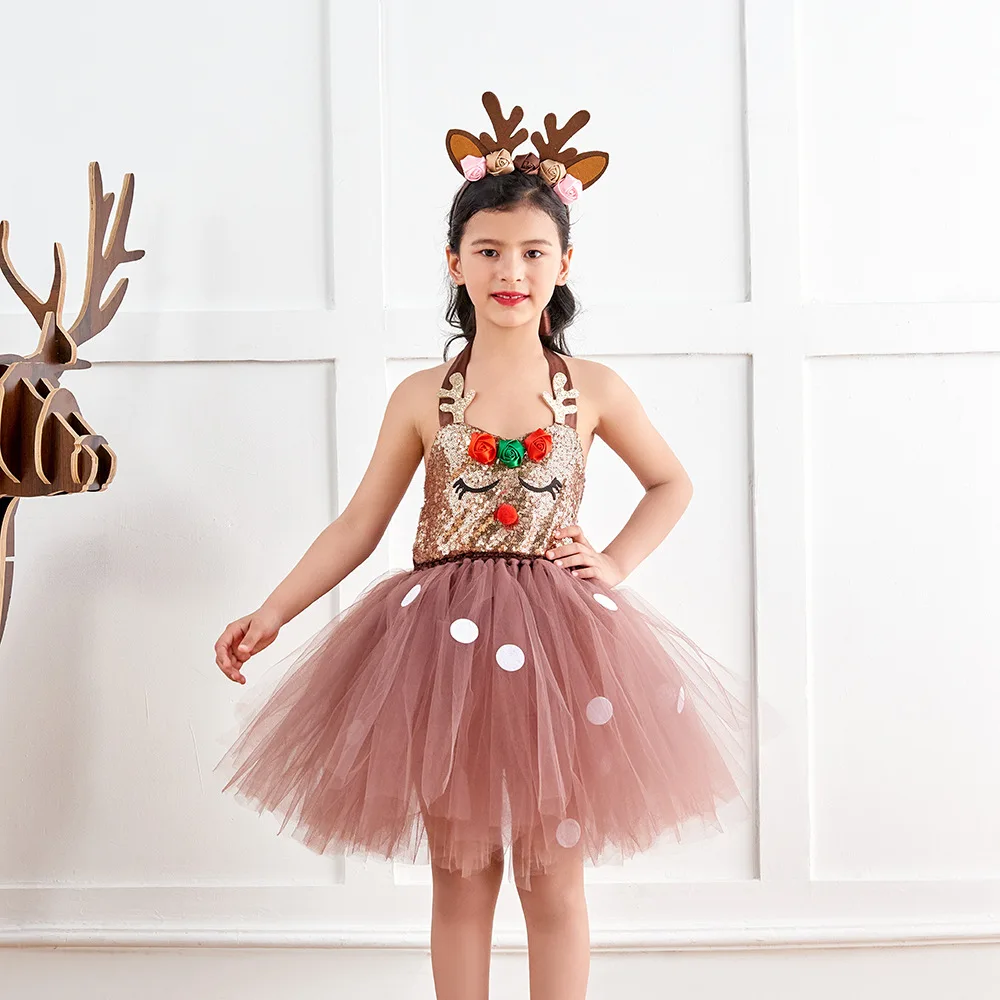 New Girls Reindeer Christmas Holiday Tutu Dress Sequins Rudolph Inspired Kids Fancy Dresses With Headband Xmas Birthday Clothes