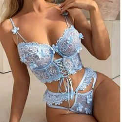 ECTOOKO New Hot Selling Strappy Underwire Lace Bra Sexy Beaded 3D Small Flower See-Through Underwear Set for Women