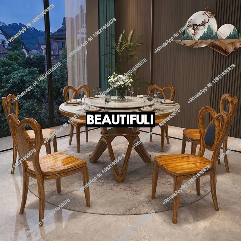 

European solid wood dining table and chair combination marble round table with turntable ebony