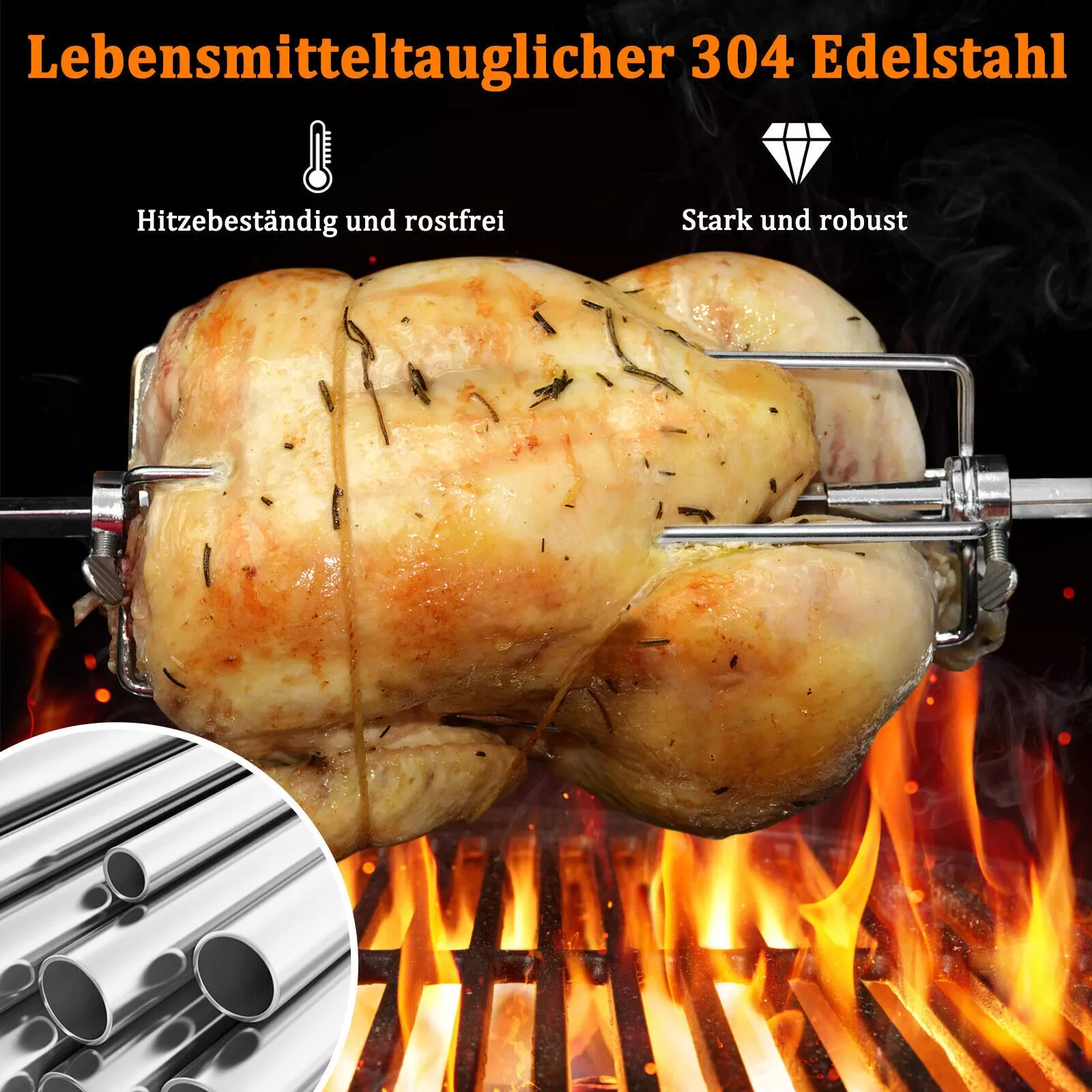 Double Sided Rotisserie Fork 304 Stainless Steel BBQ Grill Skewer 11mm/13mm/14mm Rod Outdoor Roasting Camping Meat Tool