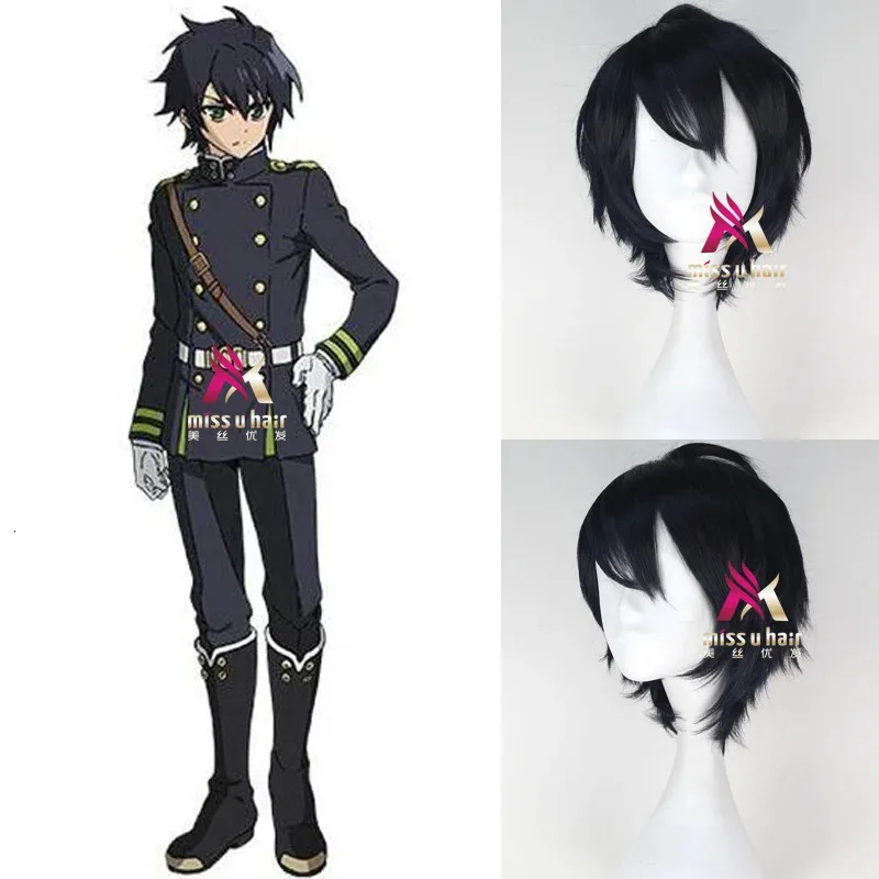جودة عالية أنيمي ساروف نهاية يويتشيرو هياكويا شعر مستعار أسود تأثيري الأزرق مزيج مقاومة للحرارة الباروكات الشعر الاصطناعية + غطاء شعر مستعار #6