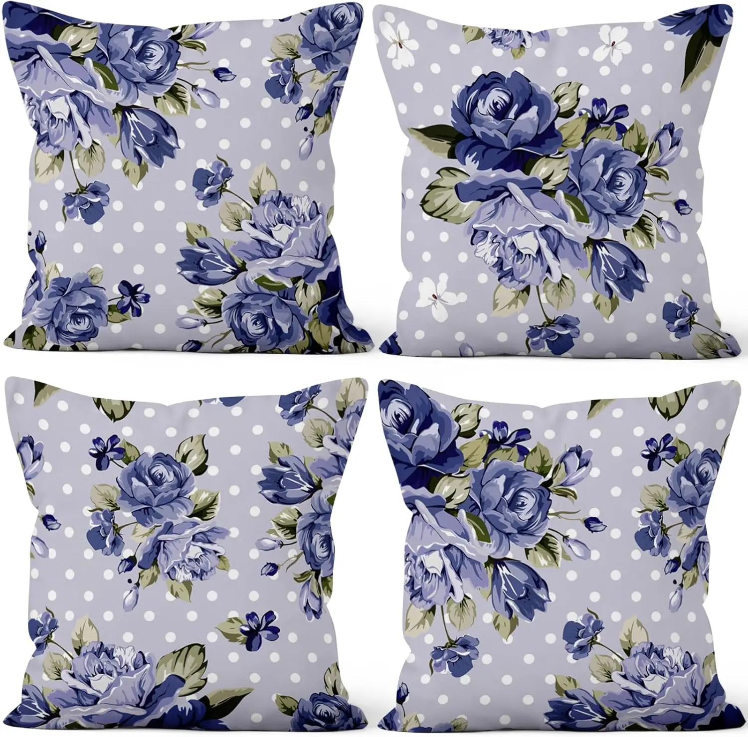 

4Pcs Cottagecore Floral Throw Pillow Covers Lavender Blue Rose Polka Dot Cushion Cases for Farmhouse Couch Bedroom Indoor Home