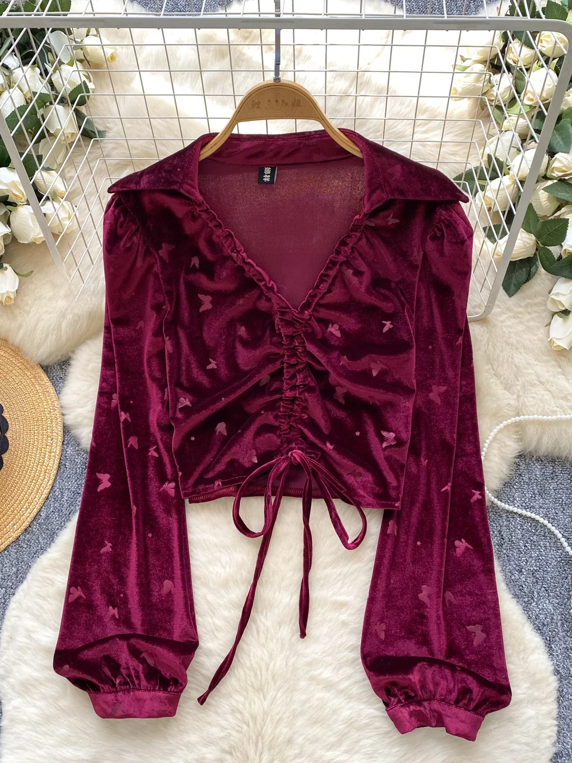 Retro Sle Women's Velvet irt ort Printed Long Sve V-Ne  Pattern Pleated Belted Faionable Autumn Top