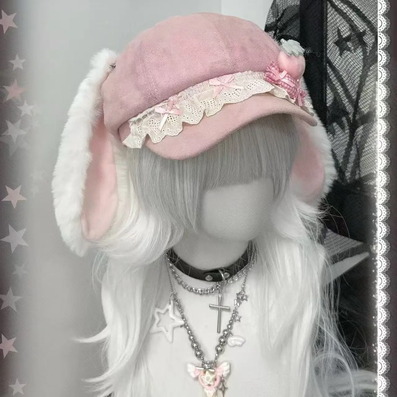 딸기 토끼 귀 하라주쿠 고딕 로리타 베레모 Y2K 펑크 레이스 리본 장식 소녀 귀여운 팔각형 모자