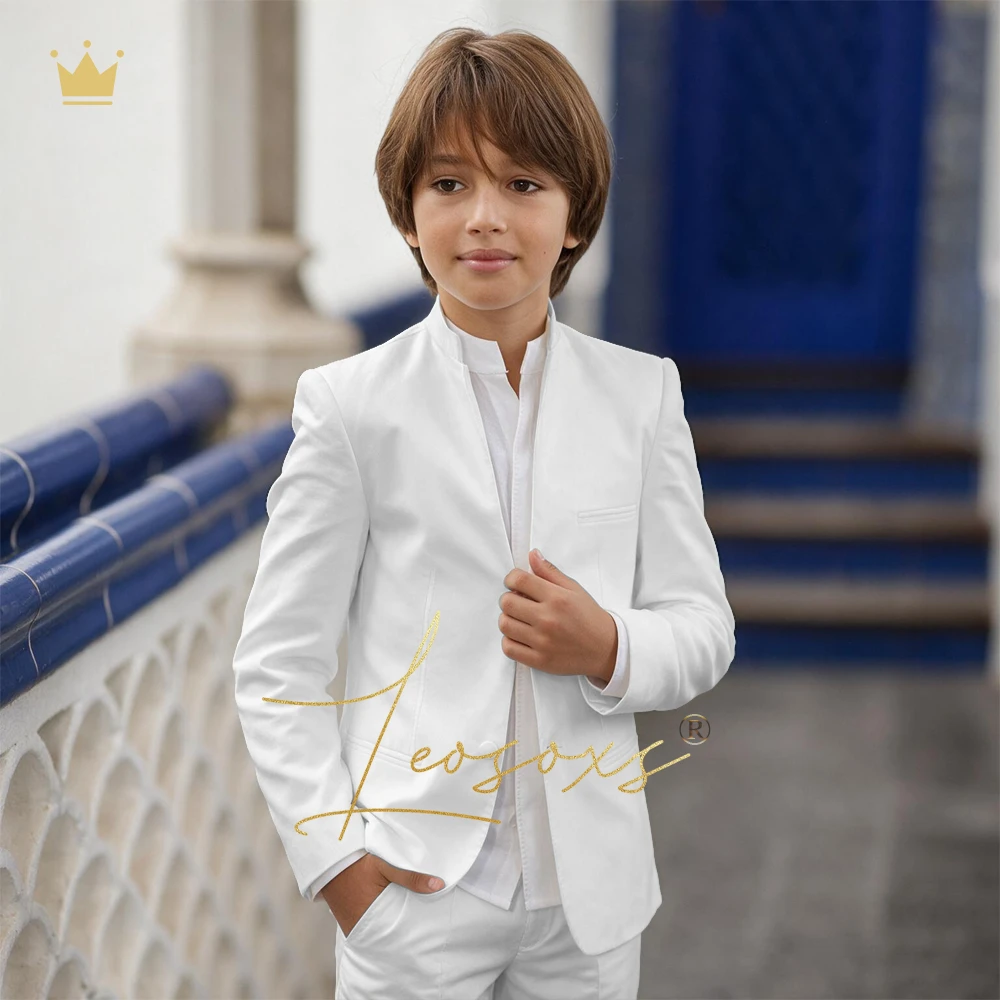 Boys White Mandarin Collar Suit Set Stand Up Neck Blazer Pants Kids Unique Church Baptism Performance Costume 2 Pieces
