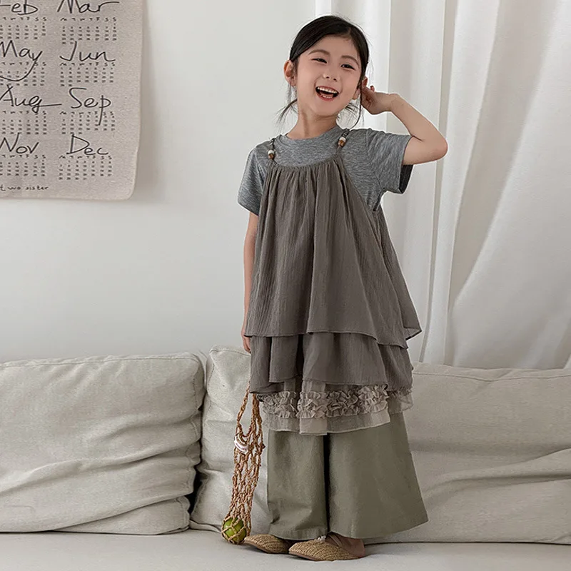 Girls' summer two-piece set, baby's simple short sleeved trendy camisole skirt, versatile casual pants three piece set