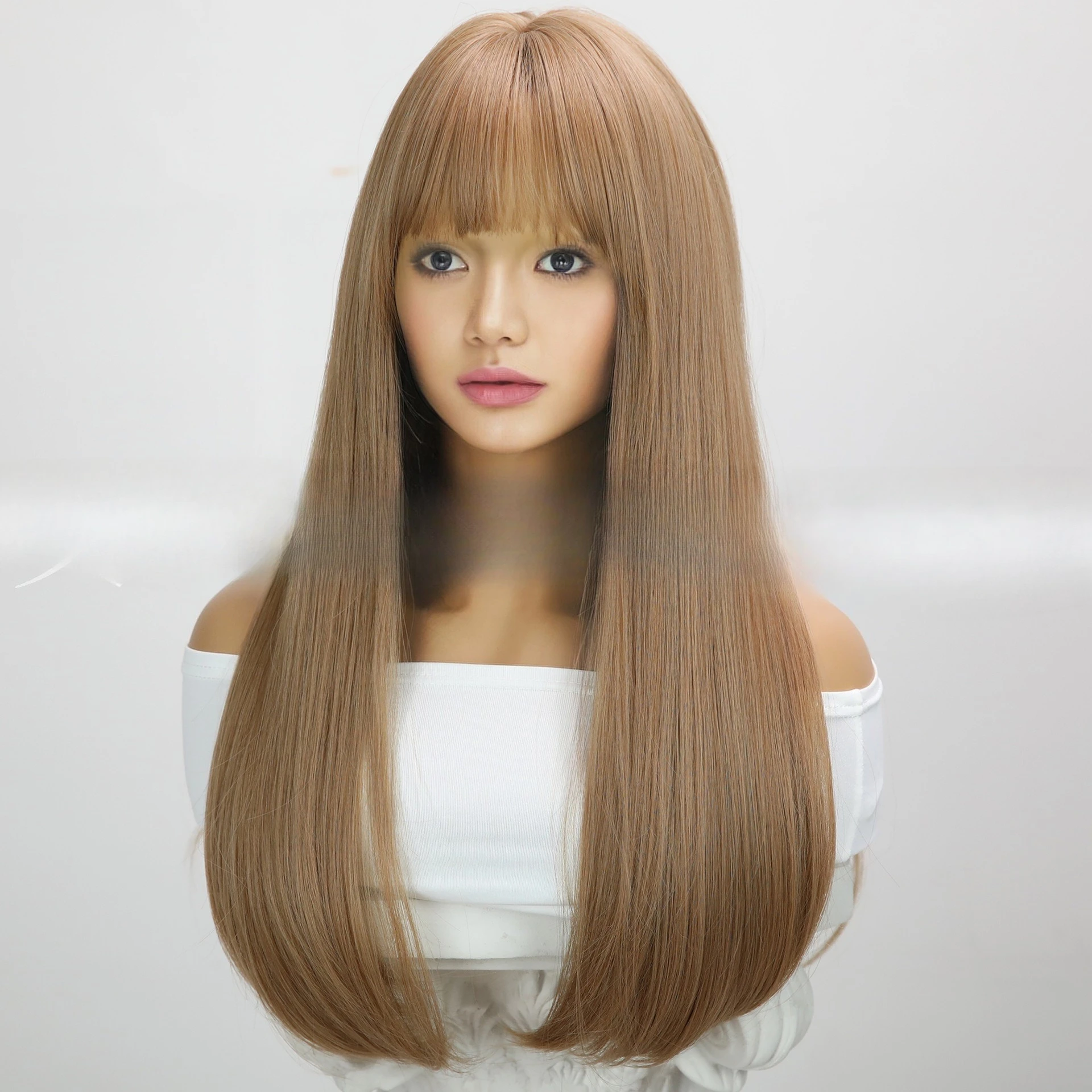 Moda popular peruca feminina qi franja marrom claro longo cabelo reto arnês de seda de alta temperatura