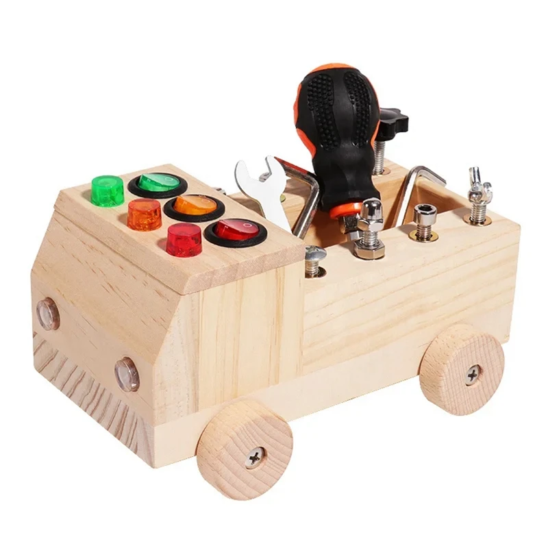 Wooden LED Switch Busy Board Disassembly And Assembly Screws And Nuts Tool Set Kit Car Montessori Early Education Puzzle Toy Kit