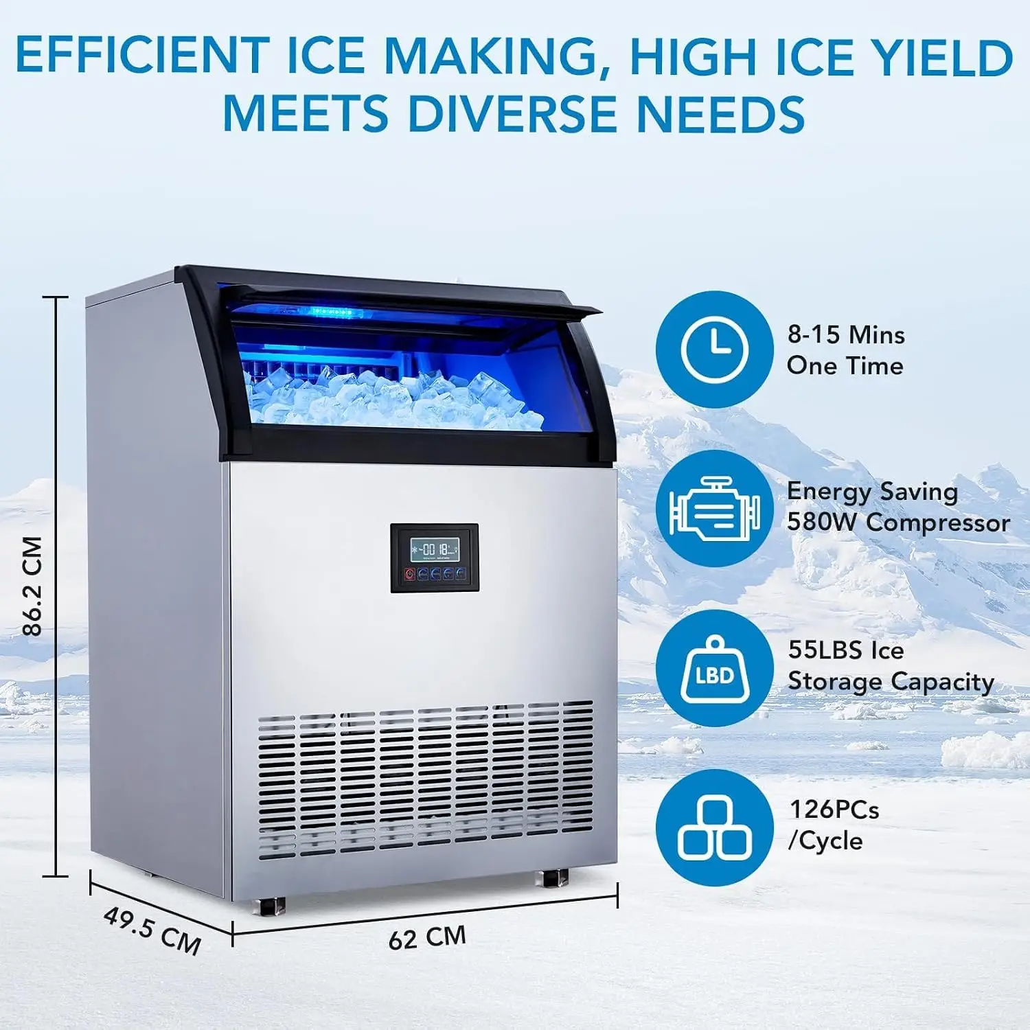 200Lbs Commercial Ice Maker Machine 120V/60Hz/420W Stainless Steel Integrated  Anti-rust Outer Shell Tthick Foam Heat Preservation Layer Food Grade PP Inner Liner
