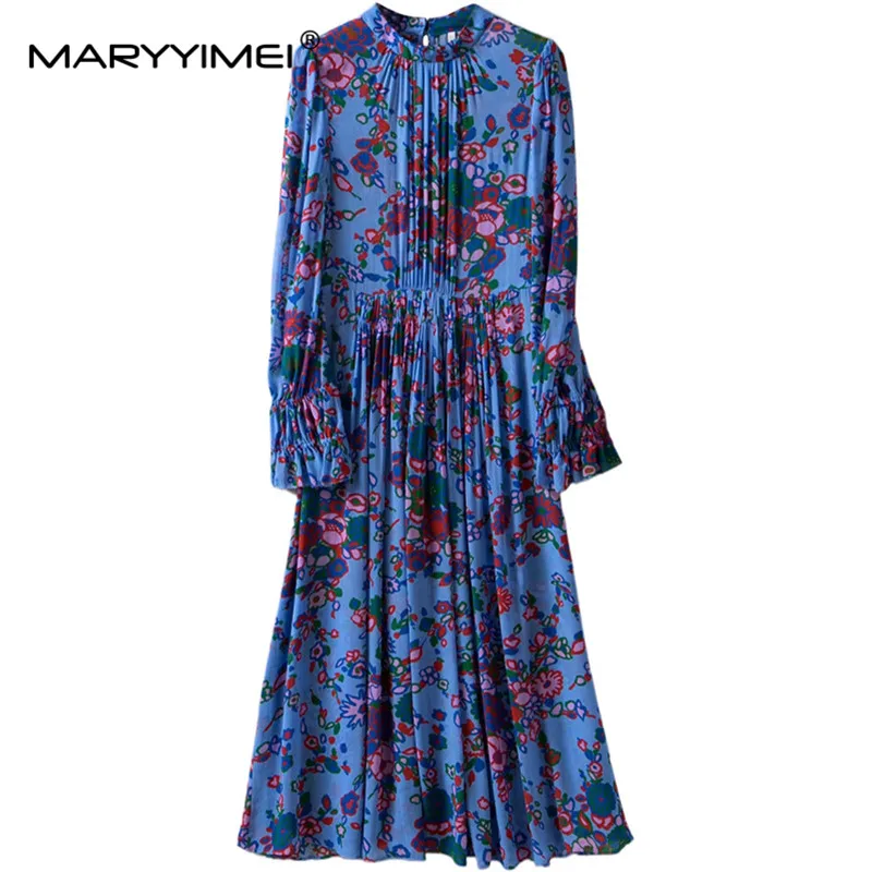 

MARYYIMEI Autumn Fashion designer Women's dress Standing collar Ruched Floral-Print Slim Elegant Chiffon Holiday Dresses