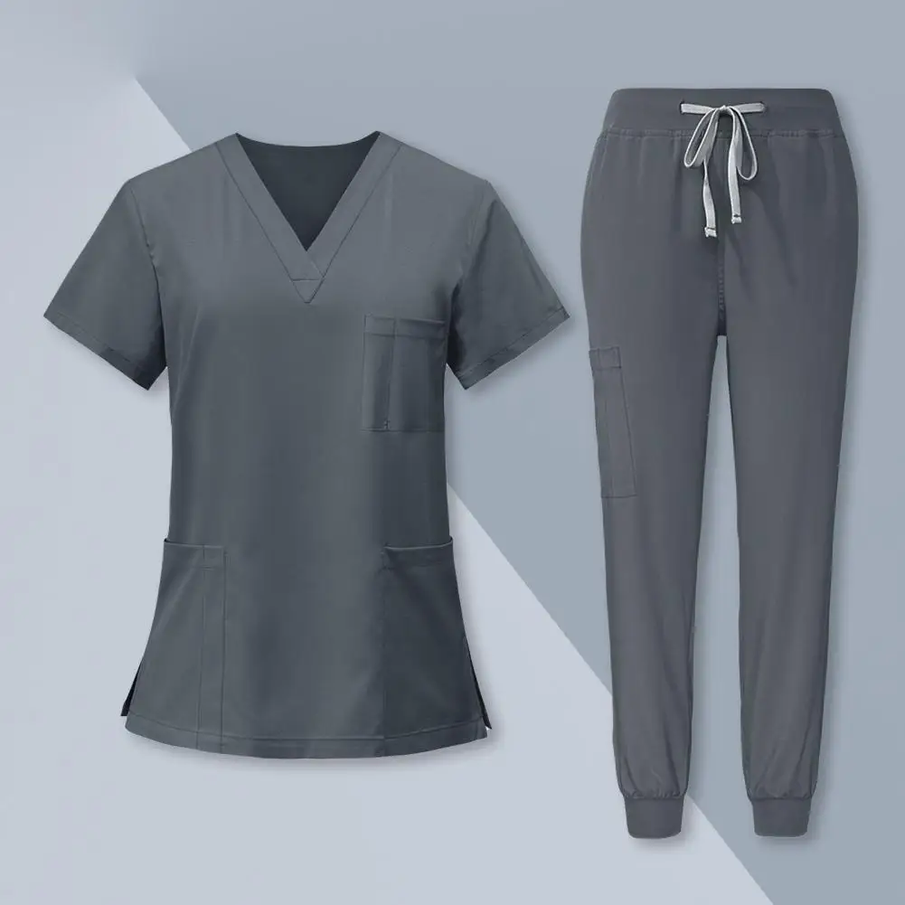 Women Hospital Uniform Women's Hospital Uniform Set with V-neck Tops Elastic Waist Pants for Beauty Parlor Dental for Nursing