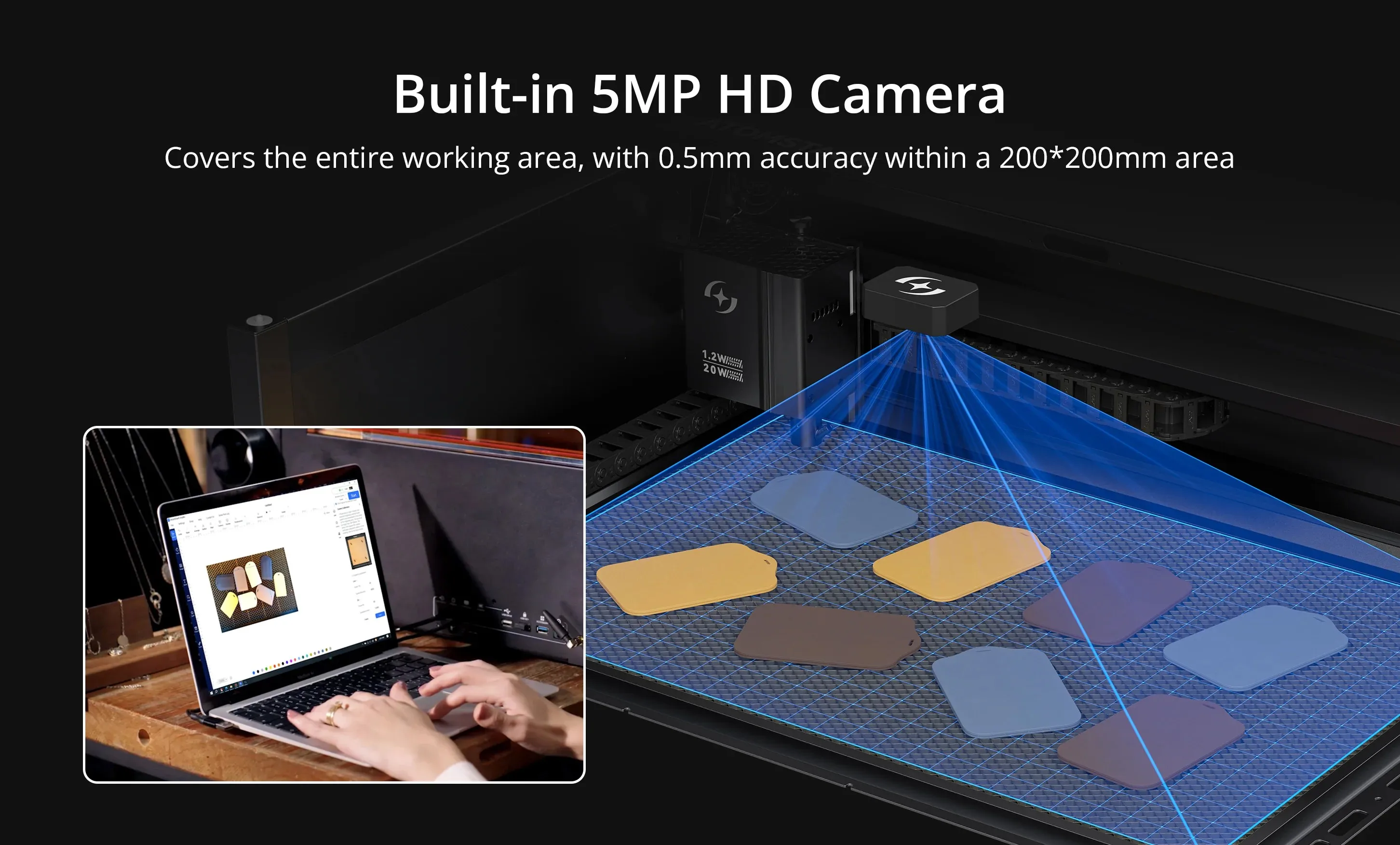 Atomstack Kraft 20W 파란색 및 1.2W 빨간색 듀얼 레이저 조각기(동시 빔 500x330mm 작업 영역 내장 5MP 카메라 포함)