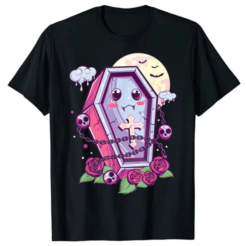 Kawaii Pastel Goth Cute Creepy Coffin Menhera Occult Nu Goth T-Shirt Gifts Anime Cartoon Graphic Tee Y2k Tops Aesthetic Clothes