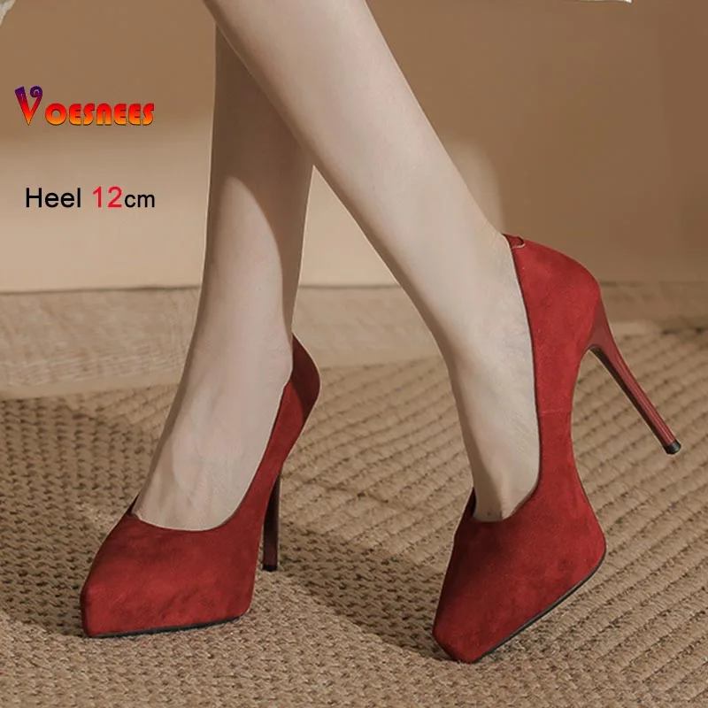 

New Red 12CM Women Pumps Sexy Stiletto Single Shoes Comfortable Thick Platform Pointy Toe Spring Autumn Shallow Mouth Lady Shoes