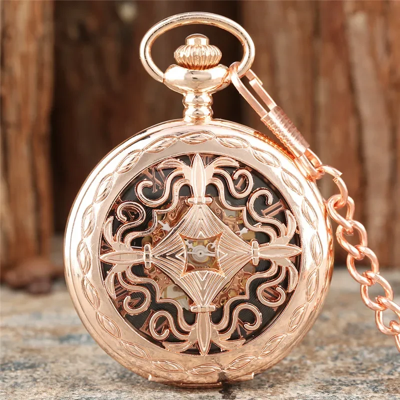 Retro Gold Hollow Out Knot Case Men Women Hand-winding Mechanical Pocket Watch Roman Numberal Skeleton Clock FOB Chain Gift