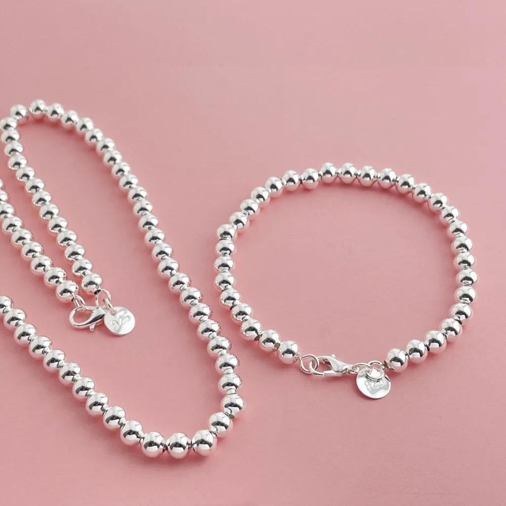 925 Sterling Silber Schmuckset 6 MM buddhistische Perlen Halskette Armband Set Damenmode einfache Geburtstag Hochzeit Schmuck Geschenk – Detail 5