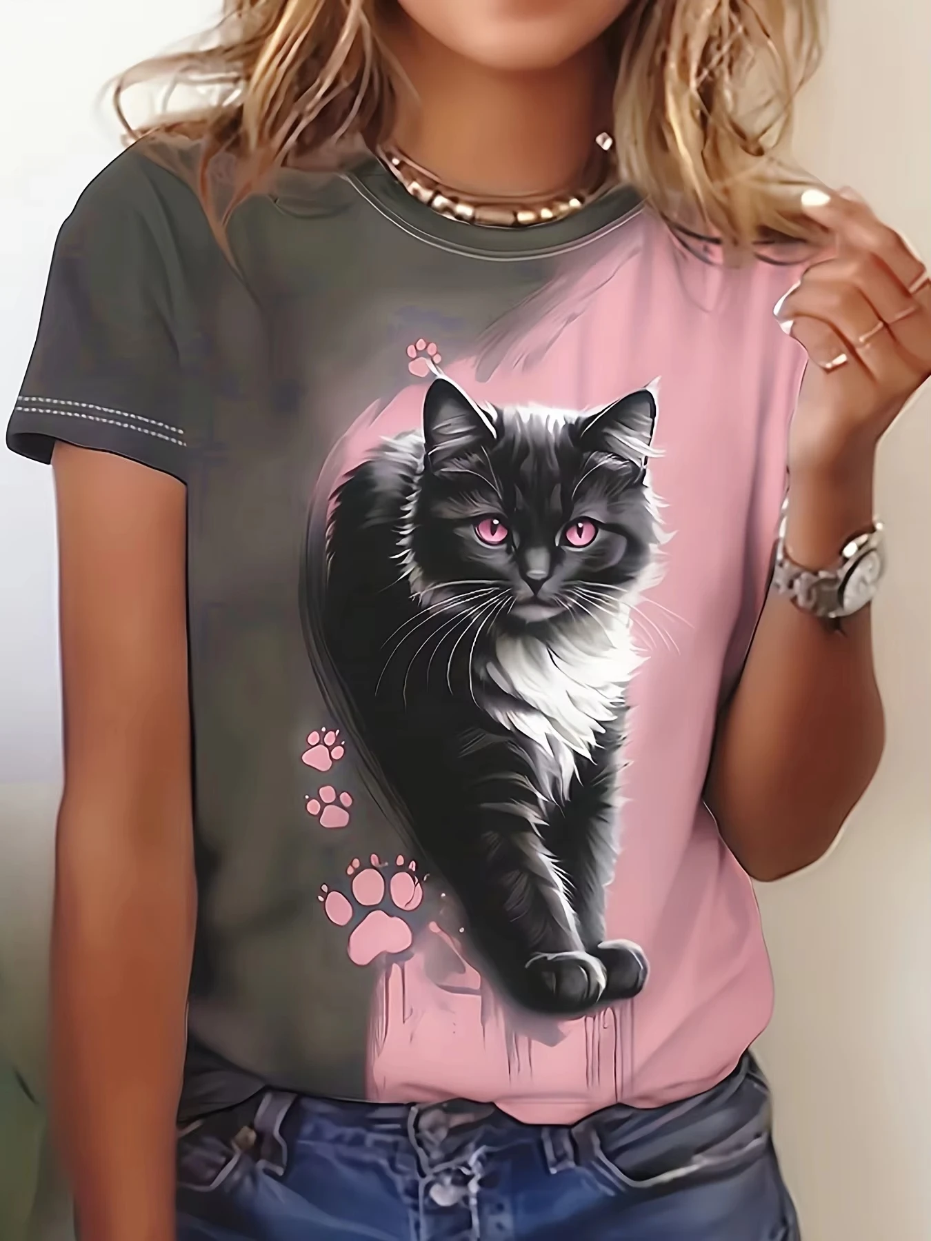 

Plus Size Black & White Cat with Pink Eyes Printed T-shirt Summer Fashion High Quality Short Sleeved Casual Sports Pullover Top