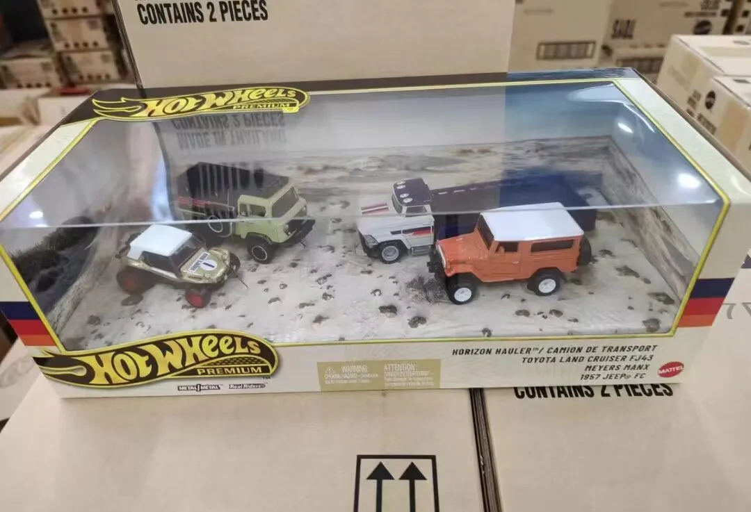 Hot Wheels Premium Off Road Garage Alloy Diecast Car Set Toyota Land Cruiser FJ 43 1957 Jeep FC Meyers Manx Horizon Hauler