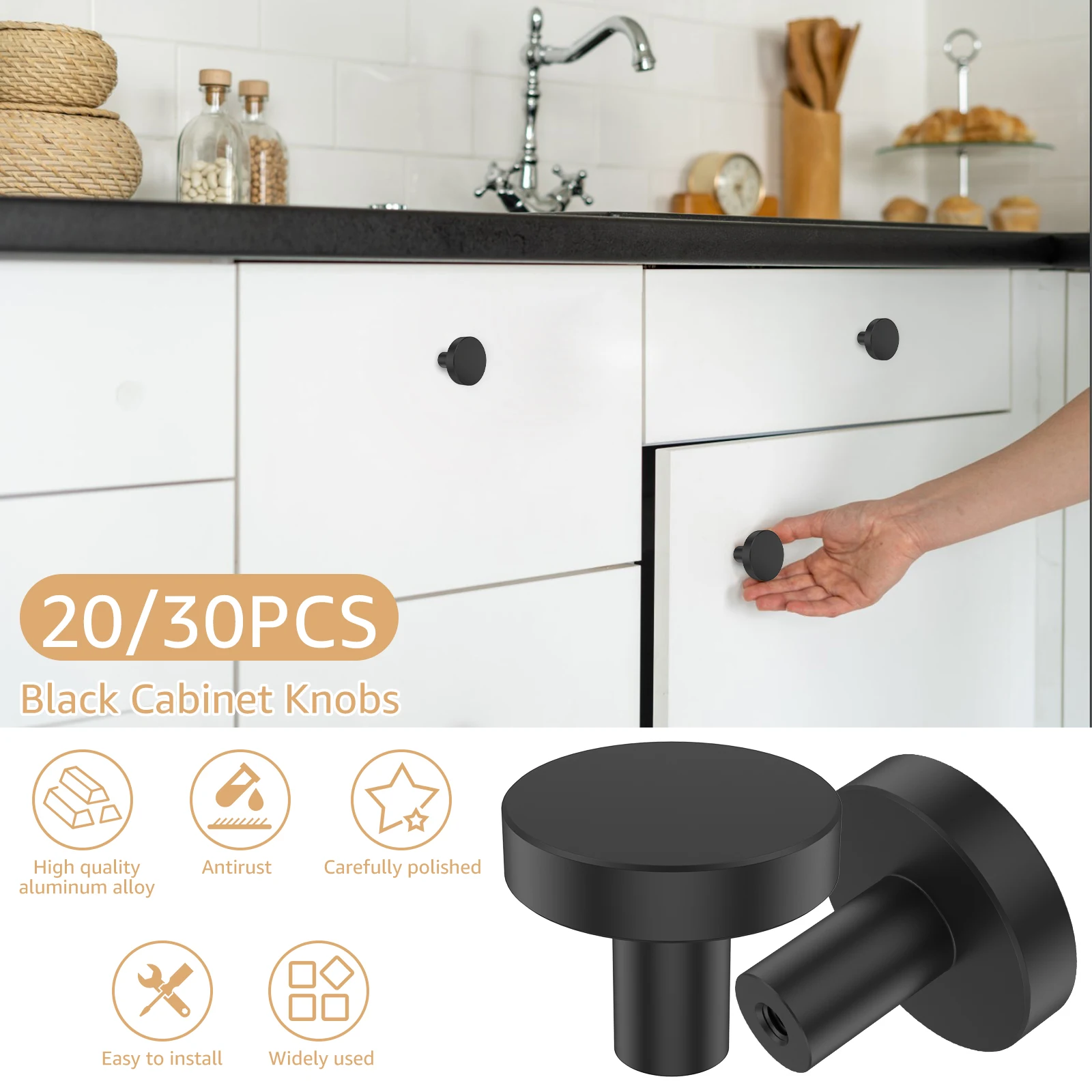 

20/30Pcs Drawer Knob Set Round Dresser Knob Aluminum Alloy Matte Black Kitchen Knob Pull Single Hole Knob with 1inch 1.8inch