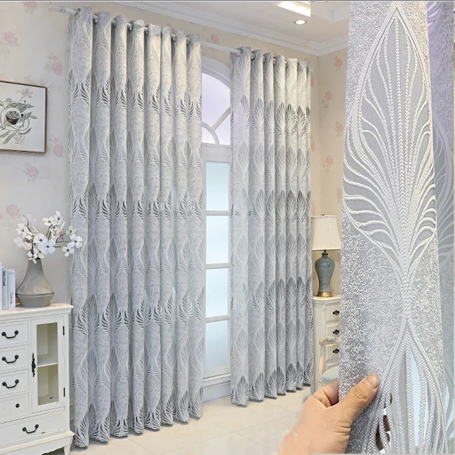 Modern Minimalist Leaf Jacquard Gray Sheer Curtains For Living Rooms, Gray Tulle Curtains For Bedrooms,Home Bedroom Decor