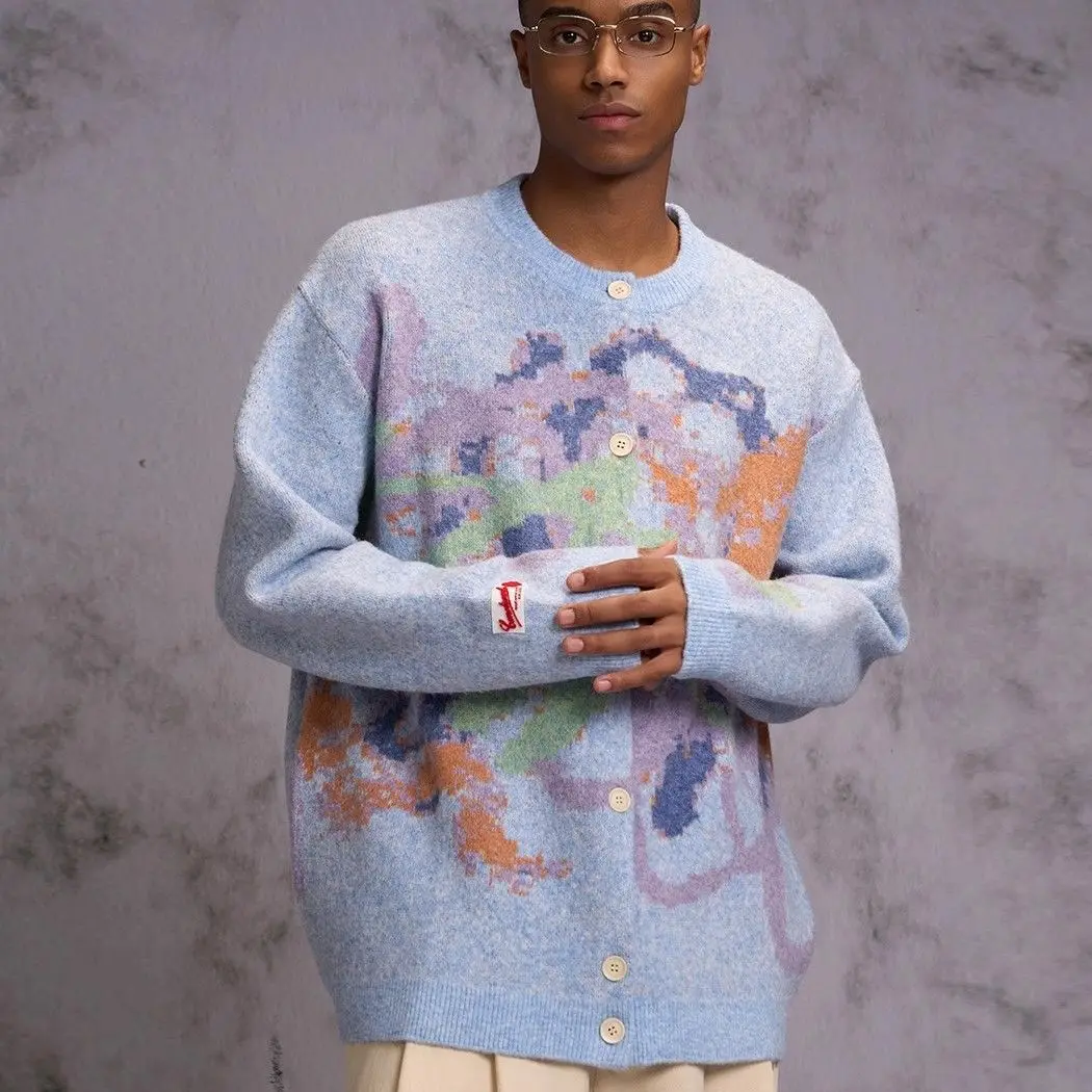 Crayon Graffiti Sweater Round Neck Cardigan Women Men Couple Colorful Tops  Autumn New Sweet Cute Loose Casual Outerwear