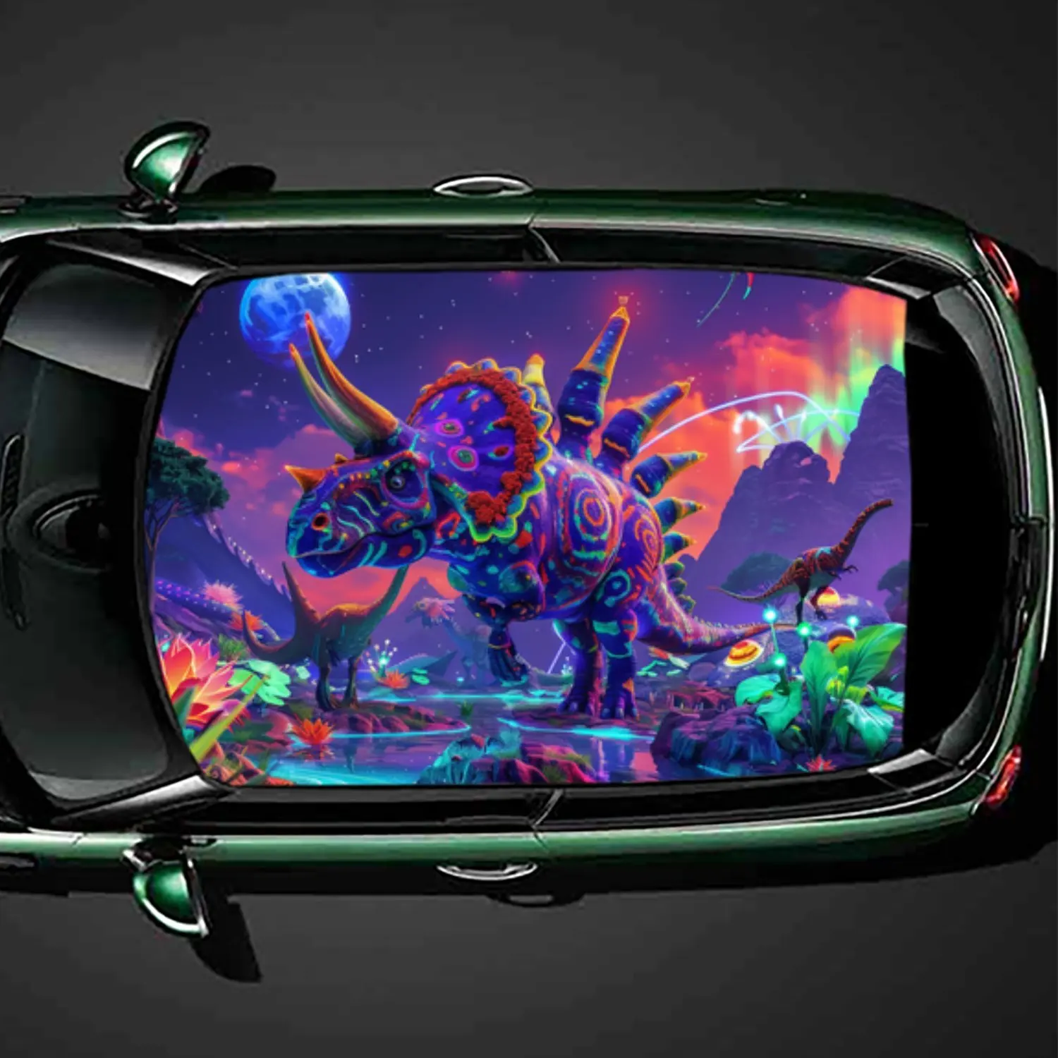 

Психоделическая неоновая виниловая наклейка на крышу автомобиля с динозавром, самоклеящаяся водонепроницаемая внешняя часть автомобиля, персонализированный аксессуар, декоративный gif