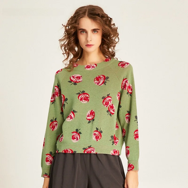 

Macaroon Green Rose Pattern Knitted Sweater with Wool New Spring Women's Fashionable Comfortable Straight Cut Long Sleeve Cre...