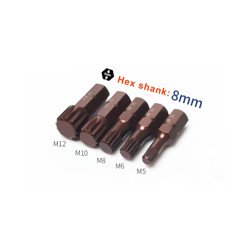 

5pcs 30mm Length Torx Screwdriver Bits 12 Point Spline 8mm 5/16' Hex Shank Impact Star Bit M5 M6 M8 M10 M12 S2 Alloy Steel Tools