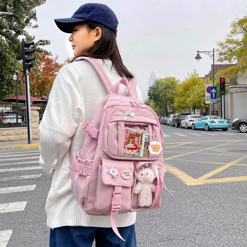 

Нейлоновый студенческий рюкзак с плюшевой подвеской на булавке, школьный рюкзак, милый кавайный рюкзак большой вместимости в японском стиле для девочек-подростков
