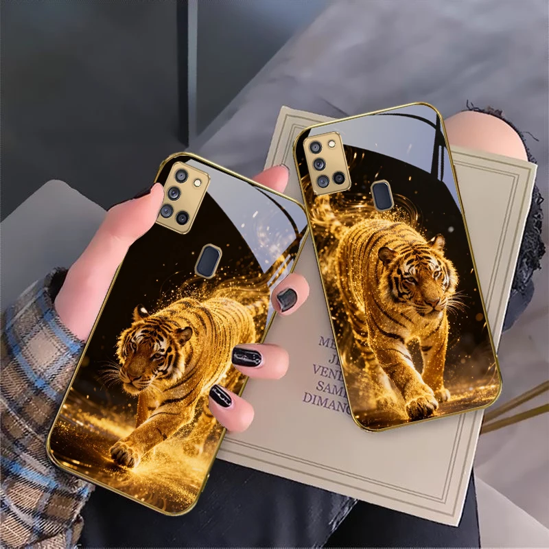 

the tiger of strength For Samsung A 31 32 A33 A34 35 14 A15 13 A16 25 26 50 52 53 54 55 56 70 71 72 73 Golden glass phone case
