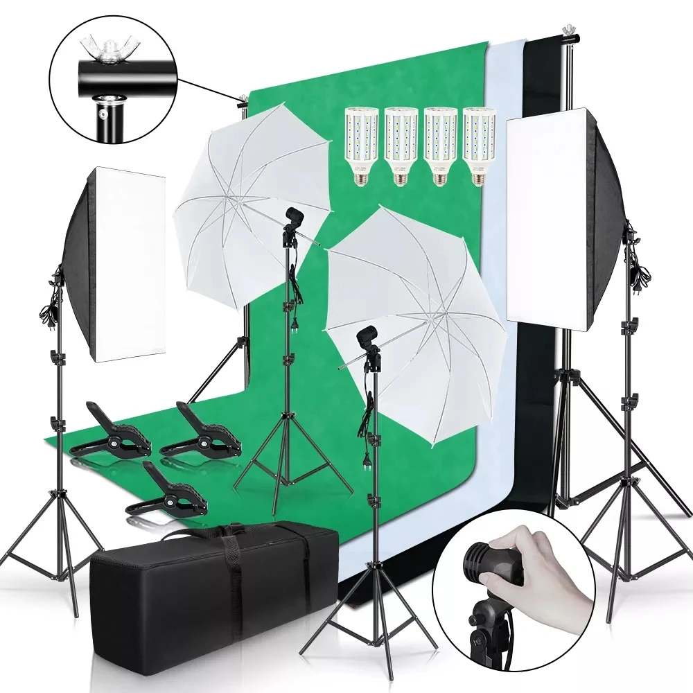 Photo Studio Kit Photography Softbox Lighting With 2x2M Background Frame 3pcs Backdrops Tripod Stand Reflector Board Umbrella